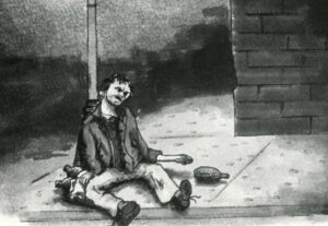 Drunkard sitting by lamppost