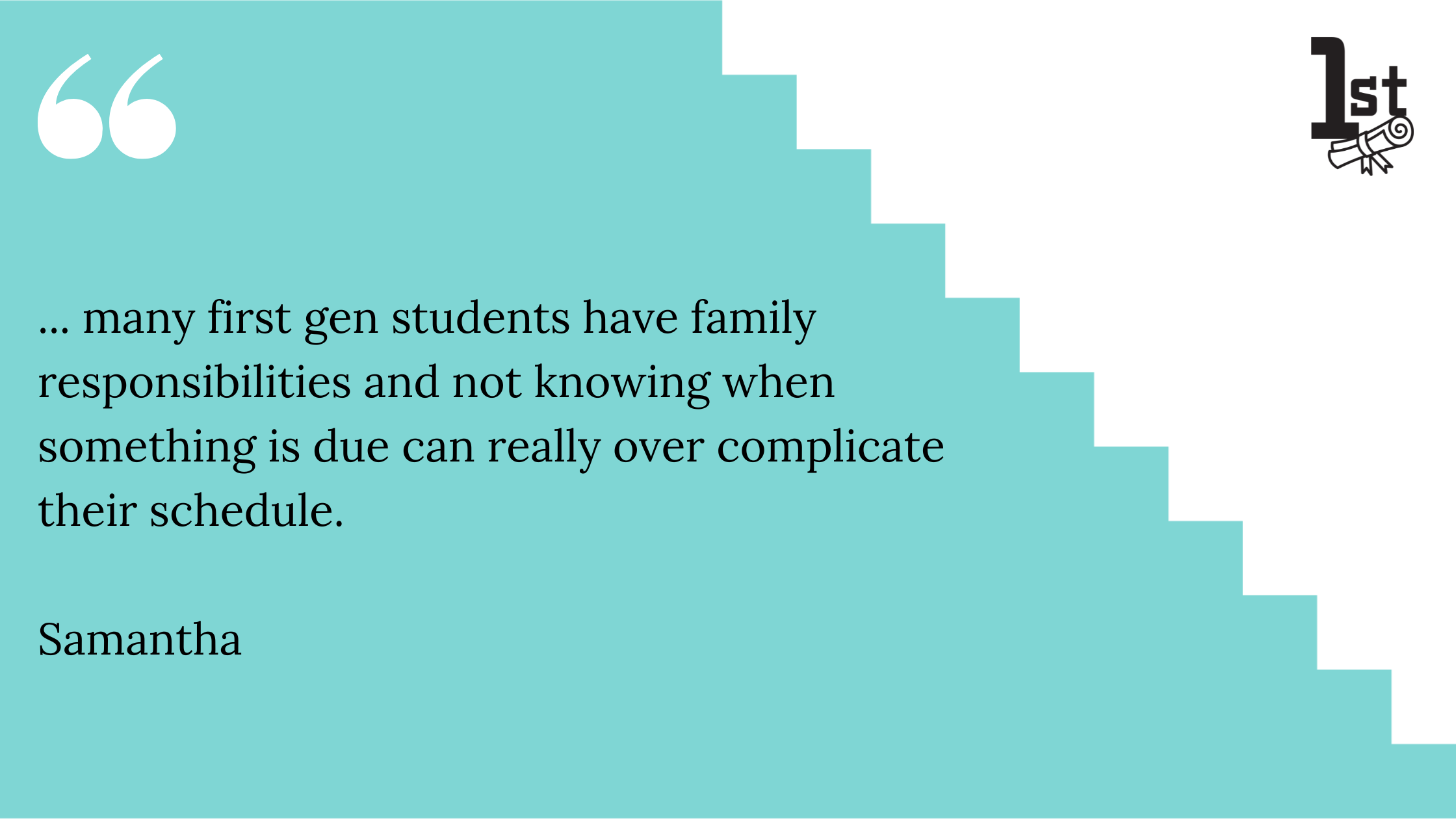 many first gen students have family responsibilities and not knowing when something is due can really over complicate their schedule. Samantha