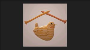This image shows the 3D bird from above with 3D knitting needles above it.