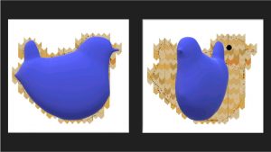 This image shows a rendering of a 3D bird and a rotated version of the same bird.