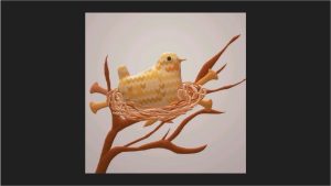 This image shows a 3D rendering of a digitally knitted bird in a 3D rendering of a nest made of knitting needles and yarn.
