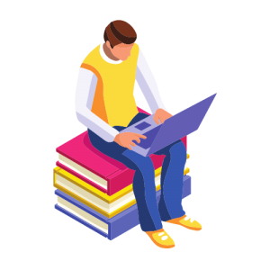 An illustration of a student with a yellow shirt holding a laptop sitting on a pile of colorful books.