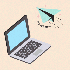 An Image of a paper airplane with the words "flying high" underneath it, next to a computer.