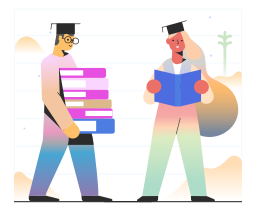 An illustration of a male and female students. Both are holding books and wearing graduation caps.