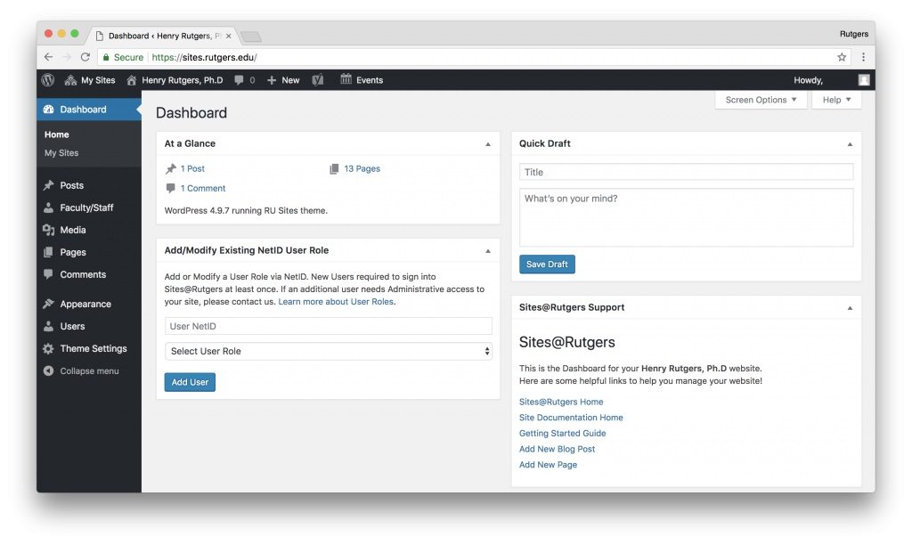 site Dashboard SitesRutgers Documentation