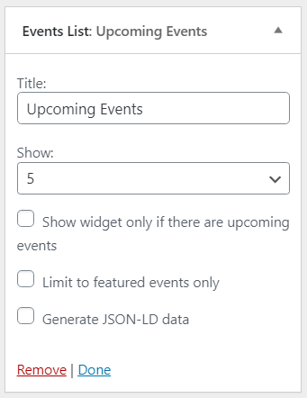 widget options expanded in customizer