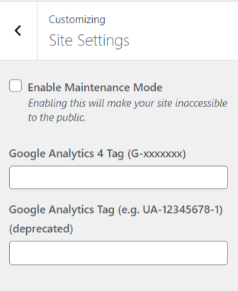 site settings screen in the Sites@Rutgers customizer containing the Maintenance Mode toggle and Google Analytics tag fields