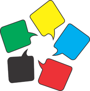 Five speech bubbles of varying colors