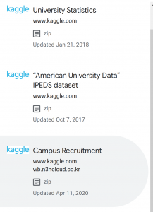 Three results from a Google Dataset Search Query, all from kaggle