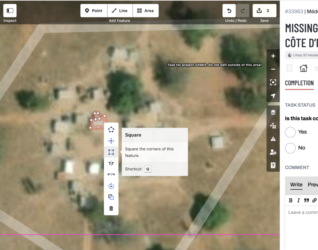 Right click and square the edges of rectangular buildings, or, with the area selected, press Q