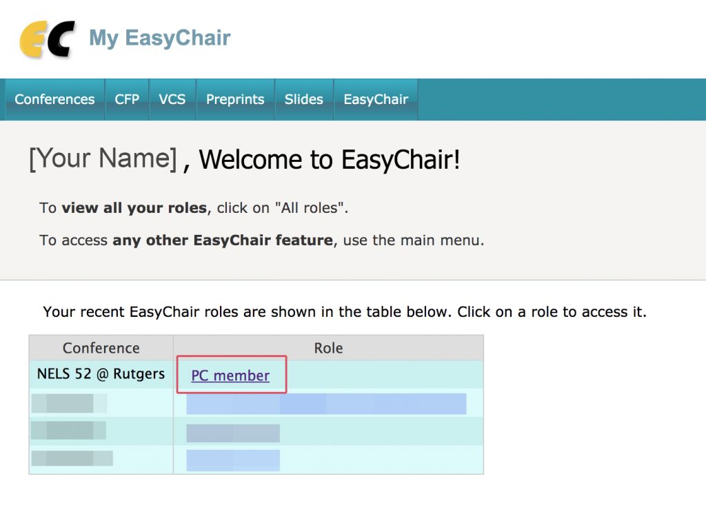 A screenshot of the easychair page pointing out where to click on "PC Member."