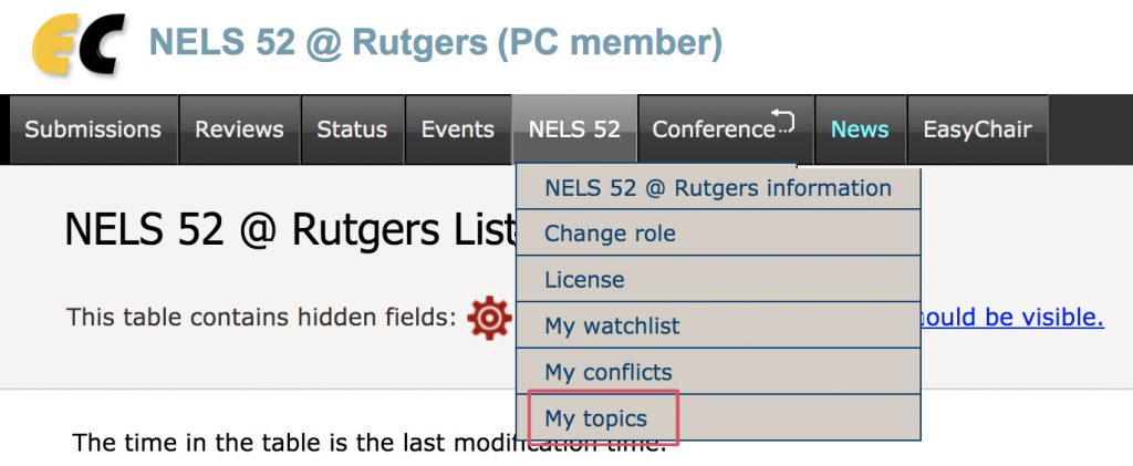 A screenshot of the easychair page pointing out where to click on the NELS 52 menu option, and then the My topics link. 