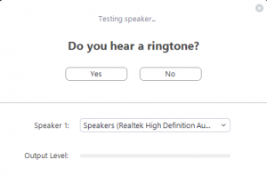 The test window for audio in Zoom. You can test your speaker or headset, as well as whatever microphone is connected.