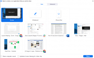 A pop-up window in Zoom where one can choose which item on their computer to share in the meeting.