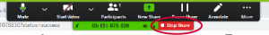 The Zoom toolbar at the top of the Zoom window. The "Stop Sharing icon beneath that highlighted.