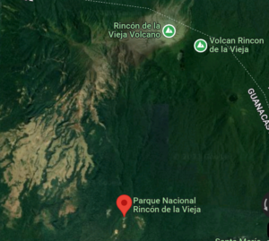 A map of Rincon de la Vieja national park with a pin near the entrance. The terrain of the volcano is visible with a snaking pattern of the left side of the image. The volcano is centered toward the top of the image. 