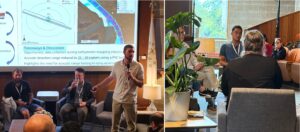 Two photos of a group of people sitting together