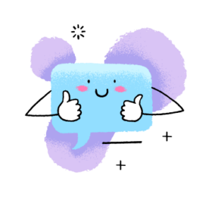 An illustration of a blue speech bubble, with a smiling face, and hands giving two thumbs up.