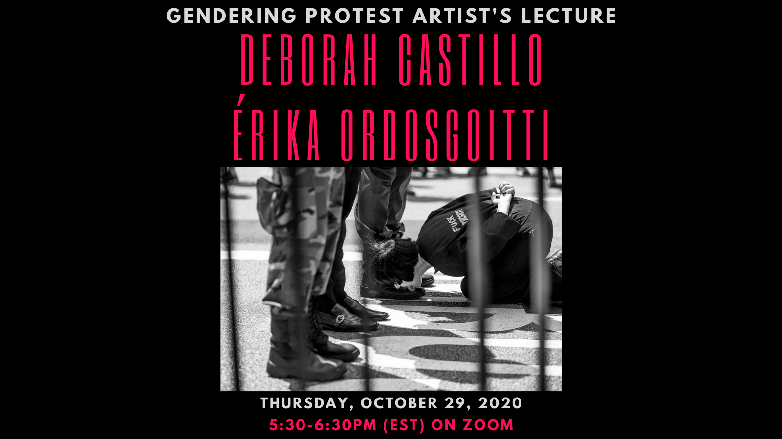 Gendering Protest Artist's Lecture invite with Black and white image of woman licking officers boots on a street.