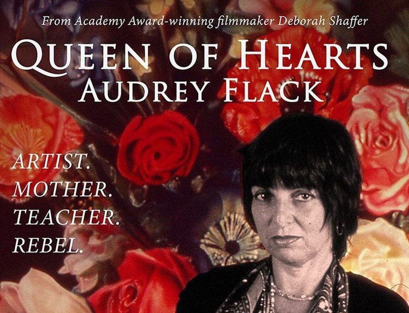 Audrey Flack: Queen of Hearts movie ad with image of woman and flowers in background.