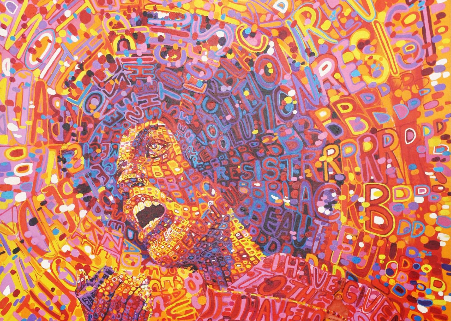 Red, yellow, blue abstract image of Angela Davis.