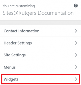 widgets tab of customizer highlighted