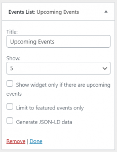 widget options expanded in customizer