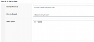 sample text in awards & distinctions fields
