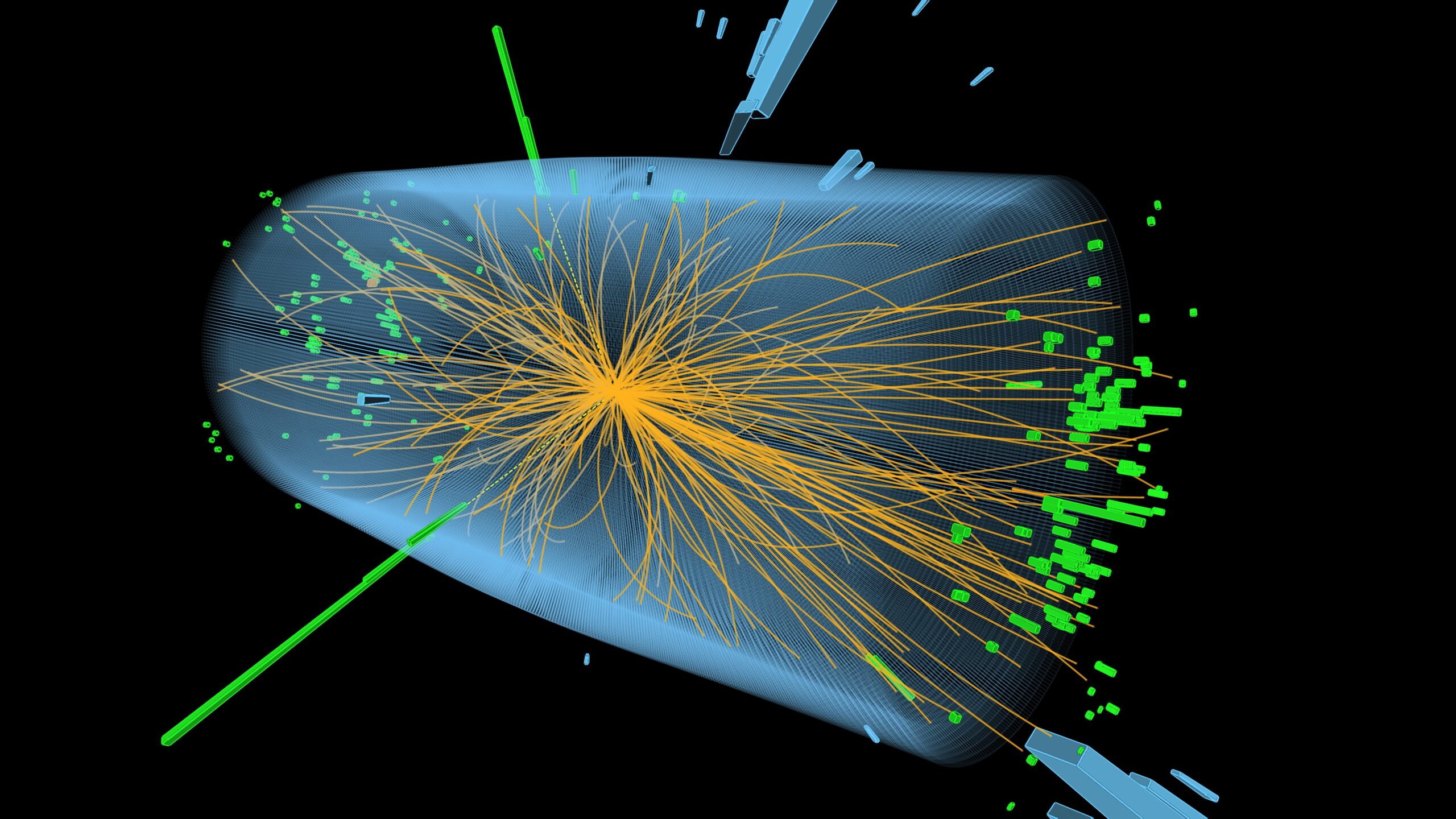 A 3D visualization of a particle collision at a particle accelerator, showing a spray of tracks emerging from a point.