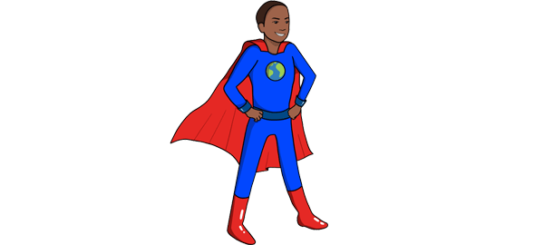 A child in a superhero costume with a globe on the chest representing Lesson 1