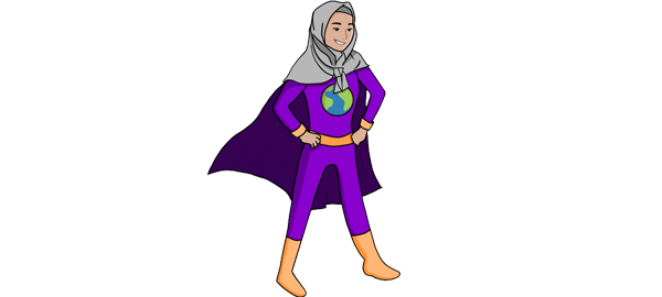 A child in a superhero costume with a globe on the chest representing Lesson 12