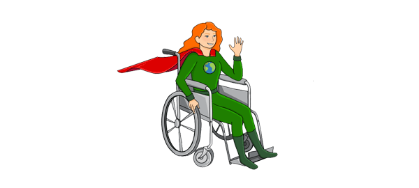 A child in a superhero costume with a globe on the chest in a wheelchair representing Lesson 4