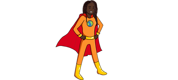 A child in a superhero costume with a globe on the chest representing Lesson 6