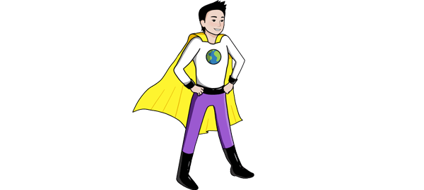 A child in a superhero costume with a globe on the chest representing Lesson 9