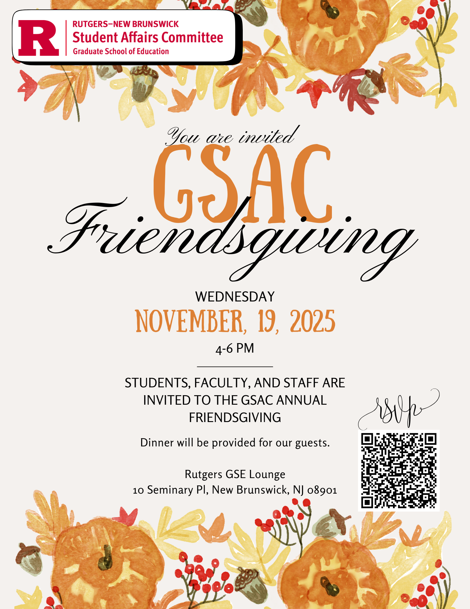Flyer inviting GSE students, faculty, and staff to the GSAC friends-giving hosted November 19, 2025
