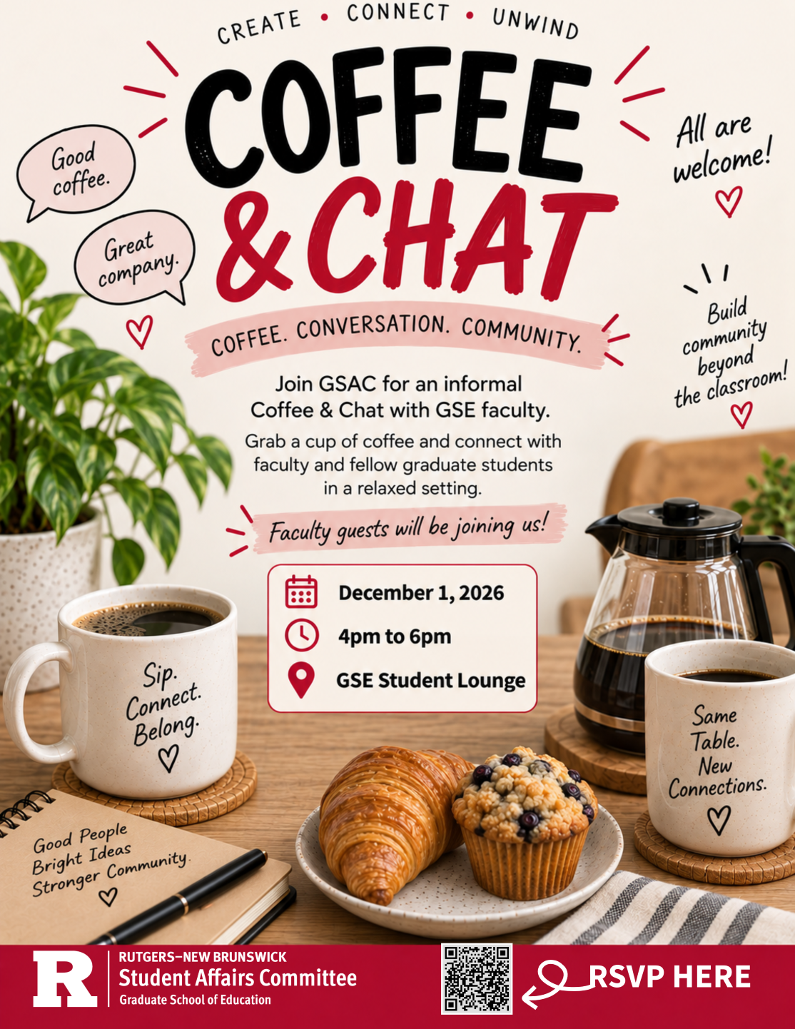 GSAC Coffee & Chat flyer featuring coffee and pastries. Join GSE faculty and students December 1, 2026, from 4–6 PM in the GSE Student Lounge.