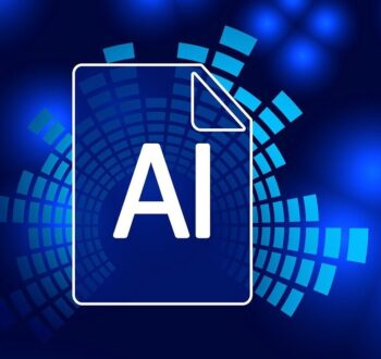 Letters AI in white on cartoon paper with blue background