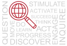 A red magnifying glass over a globe, surrounded by motivational words like 'question,' 'engage,' 'discover,' and 'succeed' to represent active learning and exploration.