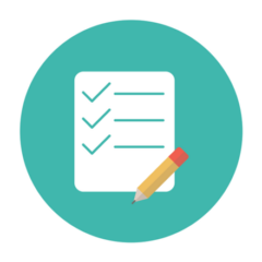 Checklist icon with checkmarks and a pencil on a teal background.