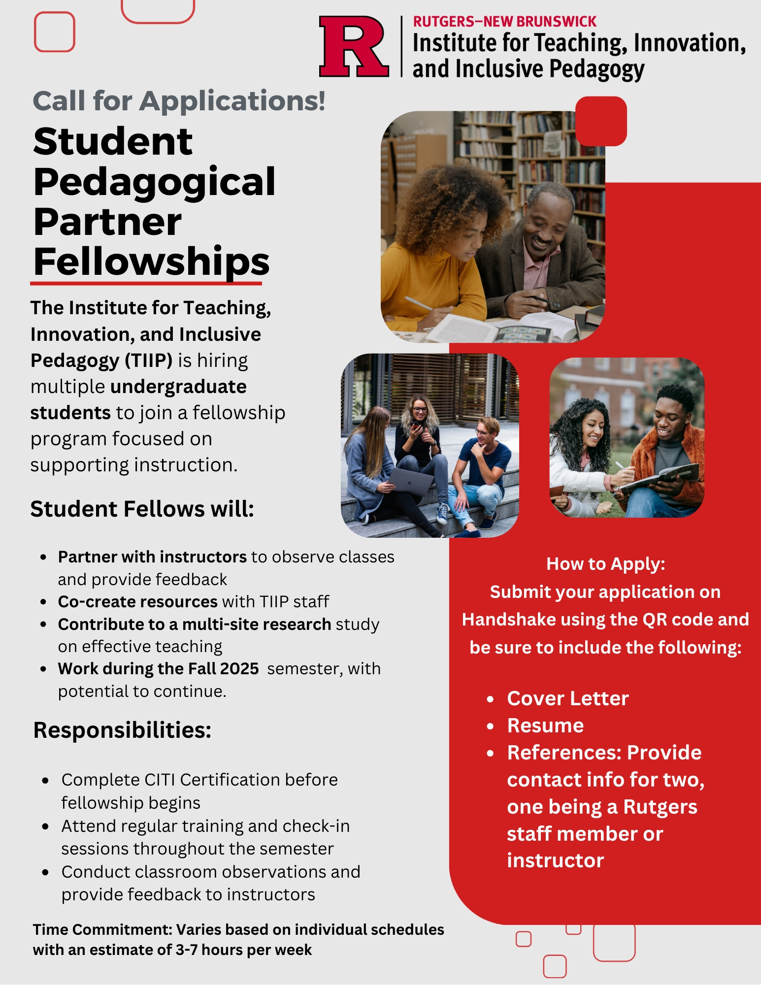 Flyer promoting Fall 2025 Student Pedagogical Partner Fellowships at Rutgers–New Brunswick, outlining responsibilities, eligibility, and application instructions.