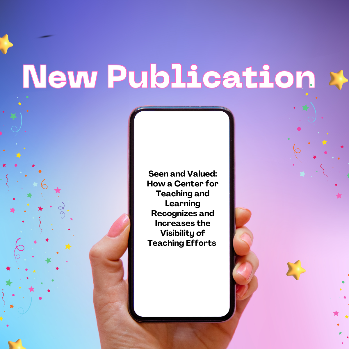 A hand holding a cell phone with an article title and the word New Publication above