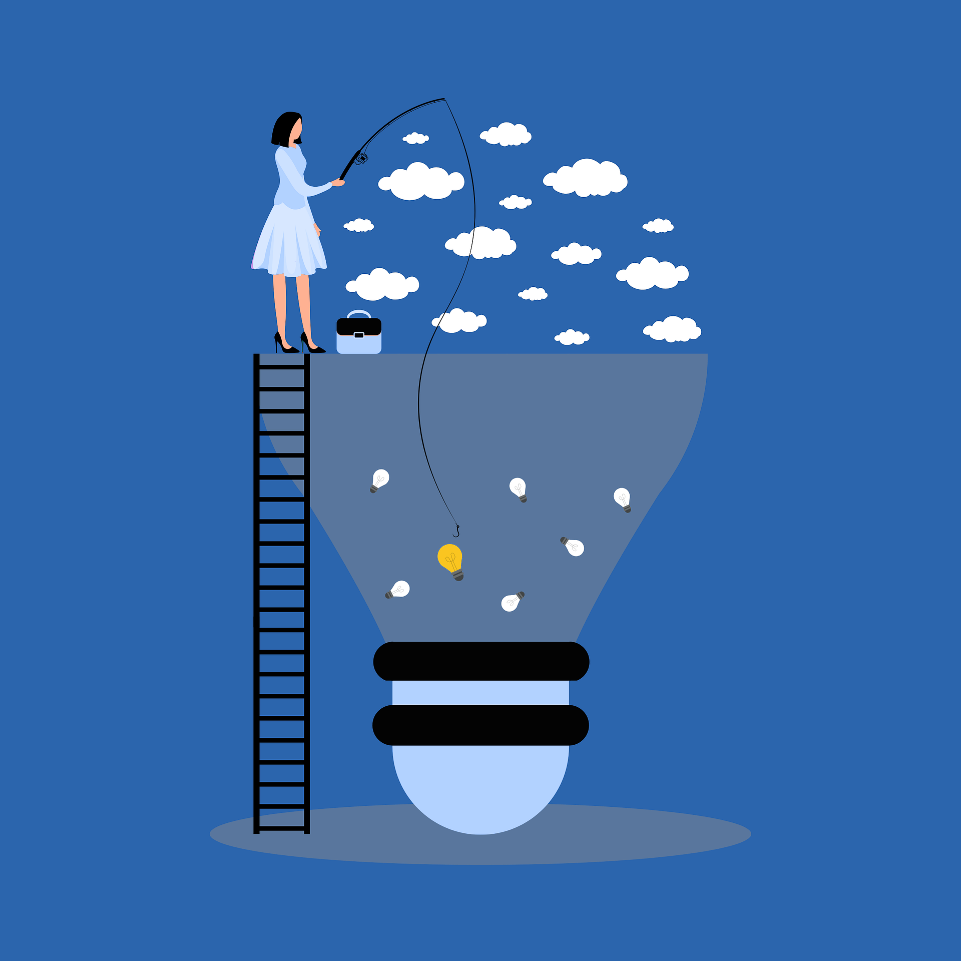 Graphically illustrated image of a woman standing at the top of a tall ladder, holding a fishing line. The ladder is leaning against a large lightbulb. inside of the lightbulb are smaller lightbulbs, and at the top of the large lightbulb are clouds.