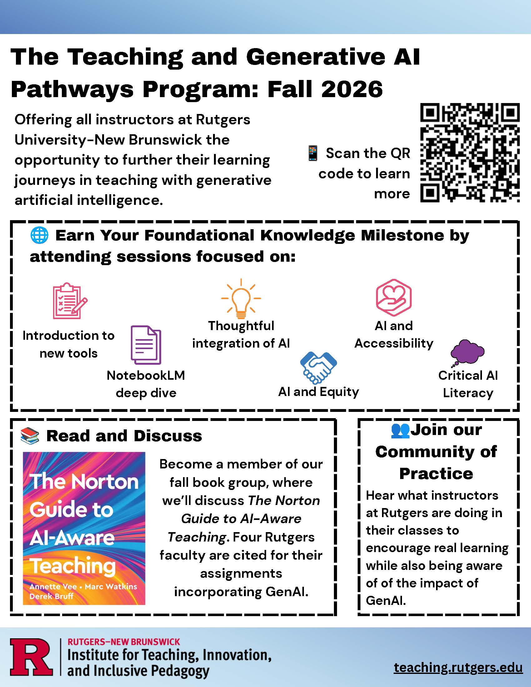 Flyer for the Teaching and Generative AI Pathways Program, Fall 2026, offered by Rutgers University-New Brunswick to all instructors. Three ways to participate: (1) Earn a Foundational Knowledge Milestone by attending sessions on GenAI and rubrics, a NotebookLM deep dive, thoughtful AI integration, AI and equity, AI and accessibility, and critical AI literacy. (2) Join the fall book group discussing The Norton Guide to AI-Aware Teaching, which cites four Rutgers faculty for AI-integrated assignments. (3) Join the Community of Practice to hear how Rutgers instructors encourage real learning while staying aware of GenAI's impact. A QR code links to teaching.rutgers.edu for more information.