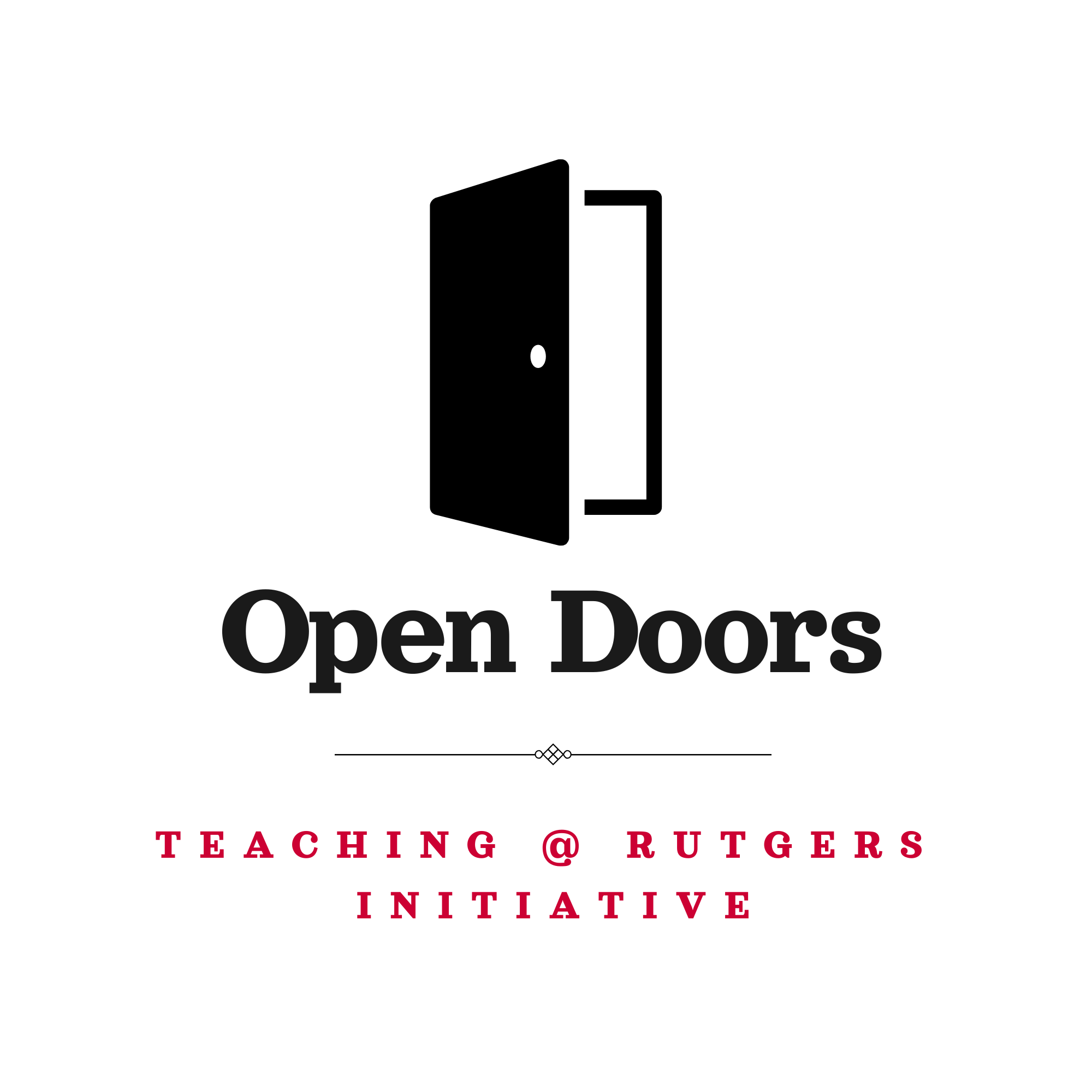 Logo with a black open‑door icon above the words Open Doors, followed by red text reading teaching at Rutgers initiative.