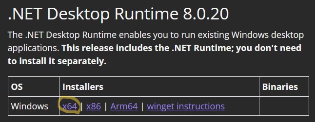 Screen shot of portion of .NET Desktop Runtime download page.