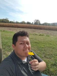 Gerard sniffing a daisy