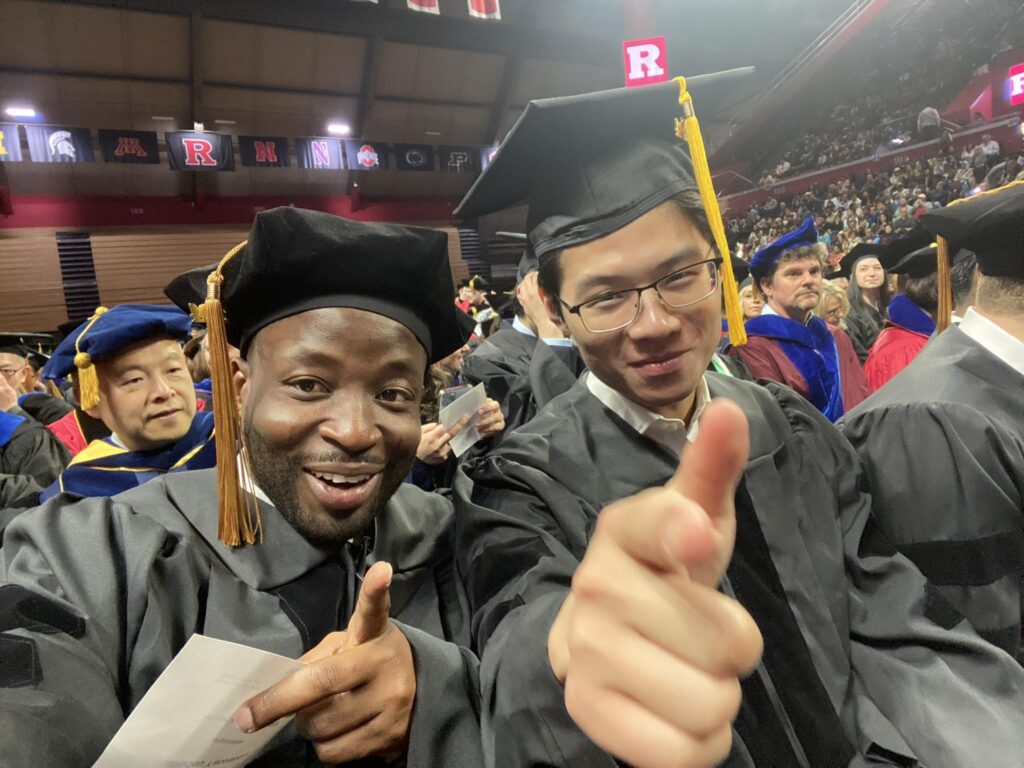 Recent Rutgers Linguistics PhDs Huteng Dai and Tajudeen Mamadou at the Spring 2024 commencement ceremony