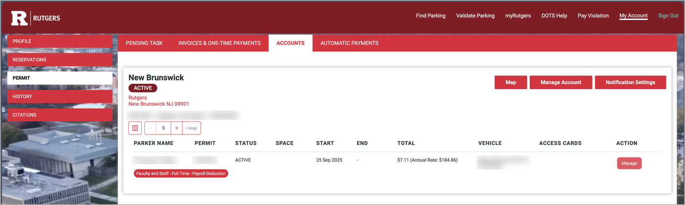 Parking portal Permit page showing a New Brunswick faculty and staff permit with status Active.