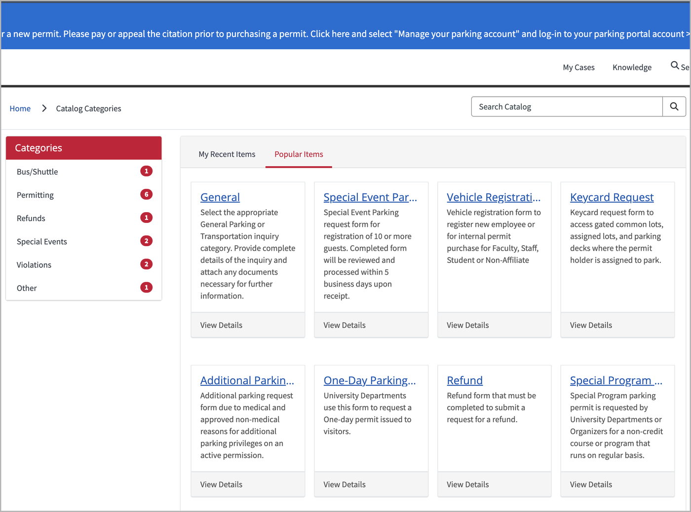 DOTS Help service catalog, Popular Items tab, with the Keycard Request form listed.