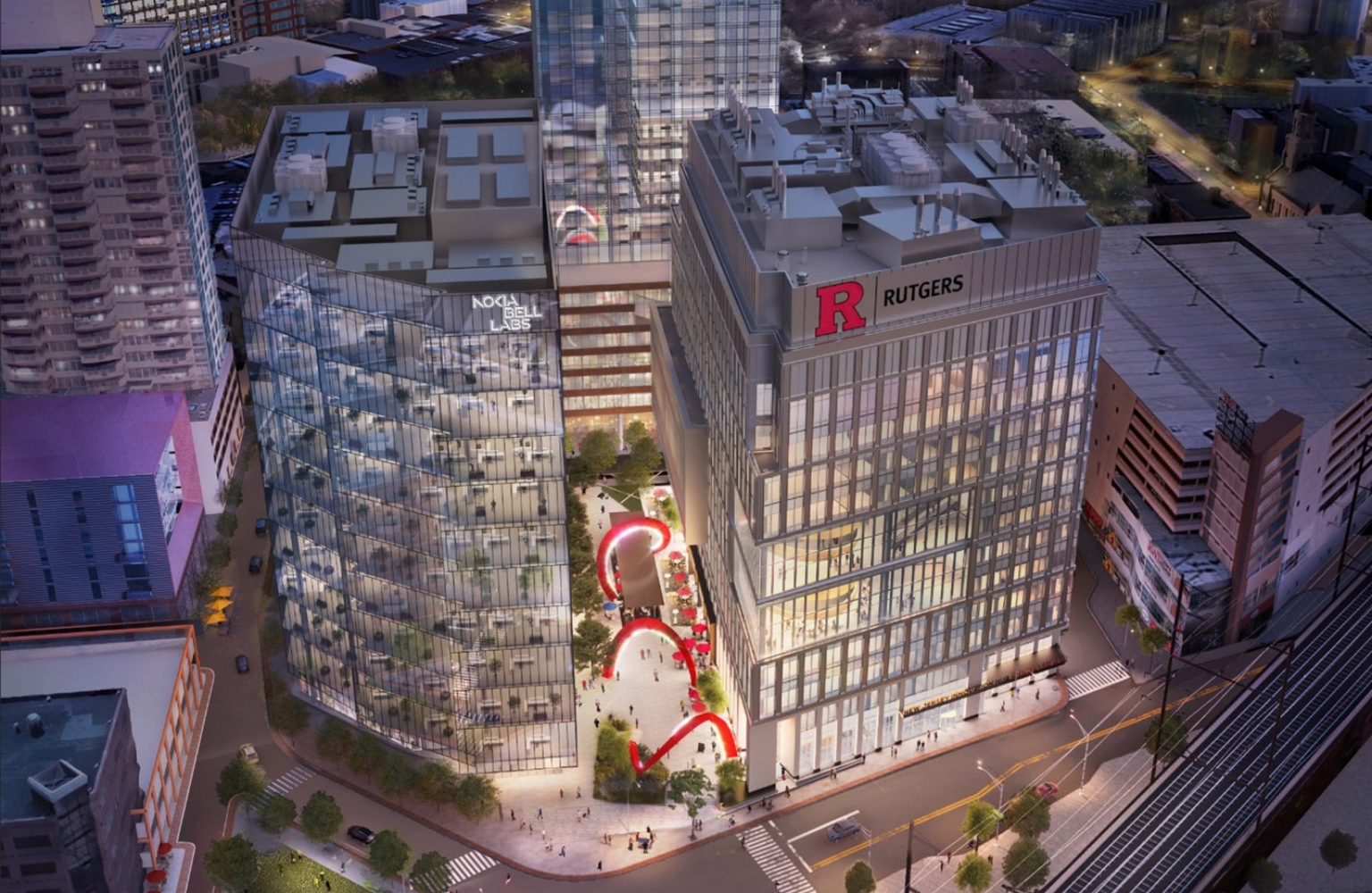 Modern exterior view of the Helix building at Rutgers University